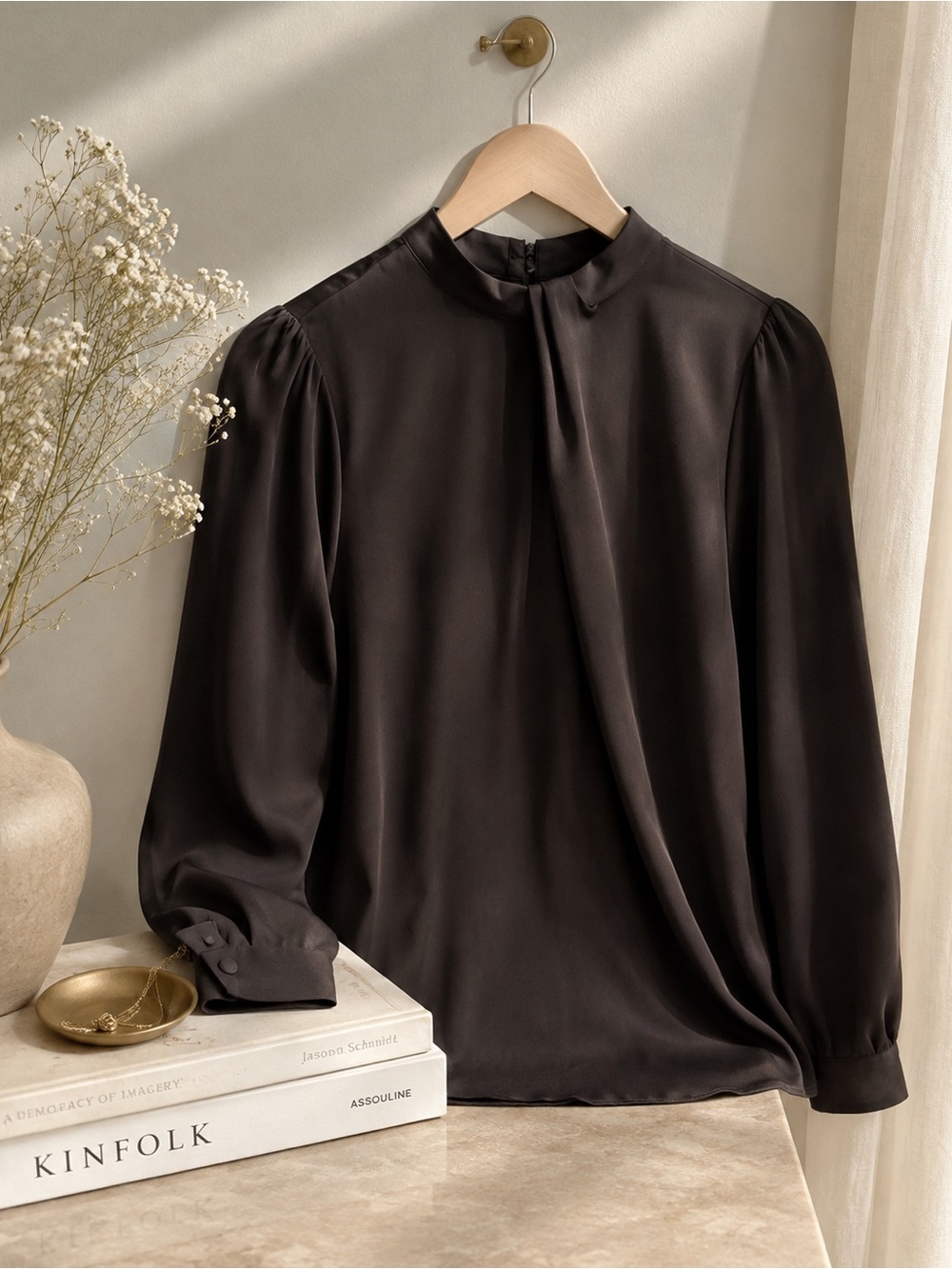 NWT Ann Taylor Satin Mock Neck Draped Blouse Charcoal Brown Long Sleeve Size L - Picture 2 of 6
